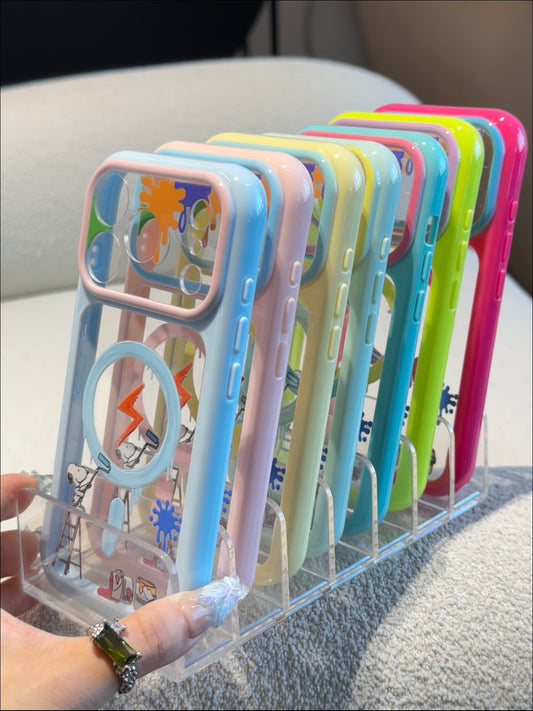 Funda Transparente para Teléfono con Diseño de Snoopy Pintor de Graffiti, Marco Brillante Multicolor en Tonos Pastel, Antigolpes, Protectora para iPhone
