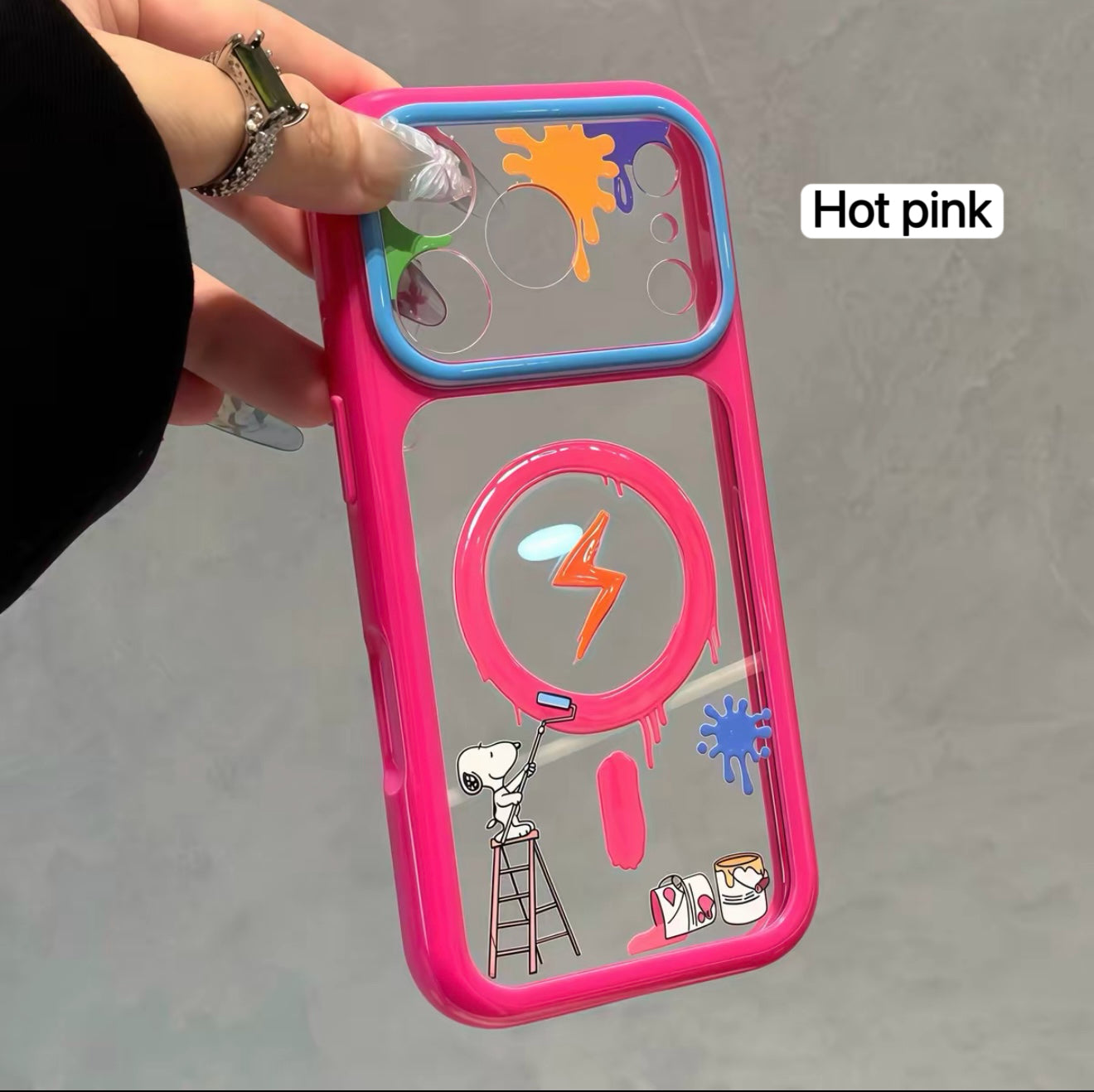 Cartoon Snoopy Painter Graffiti Clear  Phone Case, Multi Pastel Glossy Frame Shockproof Protective Case for iPhone