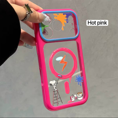 Cartoon Snoopy Painter Graffiti Clear  Phone Case, Multi Pastel Glossy Frame Shockproof Protective Case for iPhone