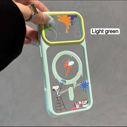 Cartoon Snoopy Painter Graffiti Clear  Phone Case, Multi Pastel Glossy Frame Shockproof Protective Case for iPhone