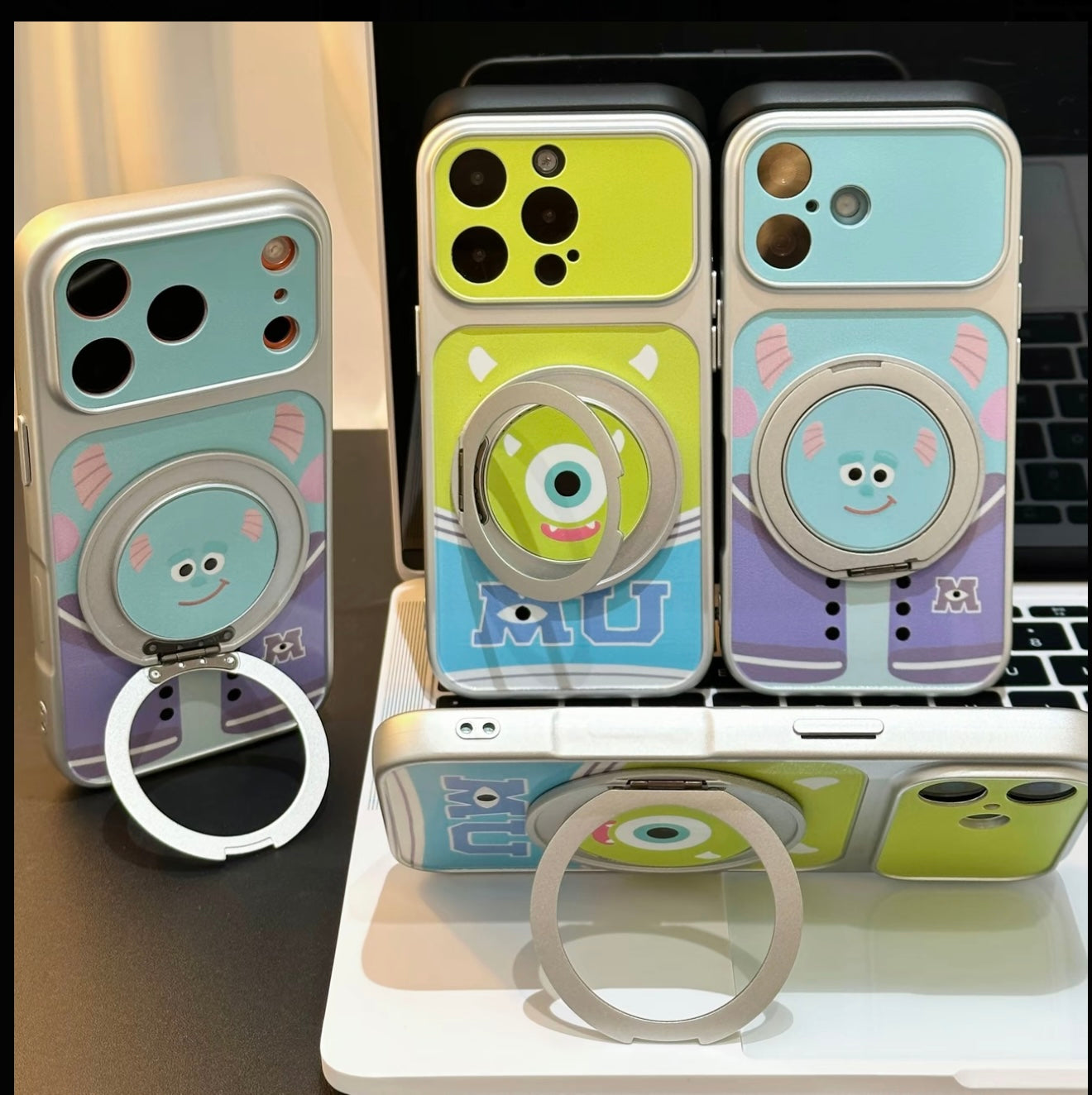 Cute Monster University Mike Wazowski Sulley Cartoon Phone Case, 360° Rotatable Magnetic Ring Kickstand Shockproof Protective Cover for iPhone Samsung Foldable Phones