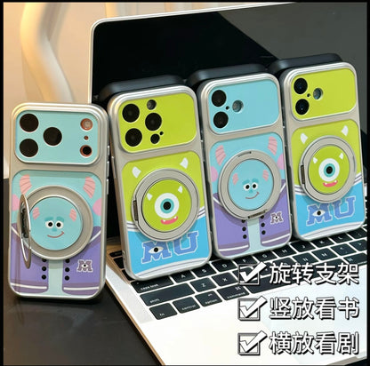 Cute Monster University Mike Wazowski Sulley Cartoon Phone Case, 360° Rotatable Magnetic Ring Kickstand Shockproof Protective Cover for iPhone Samsung Foldable Phones