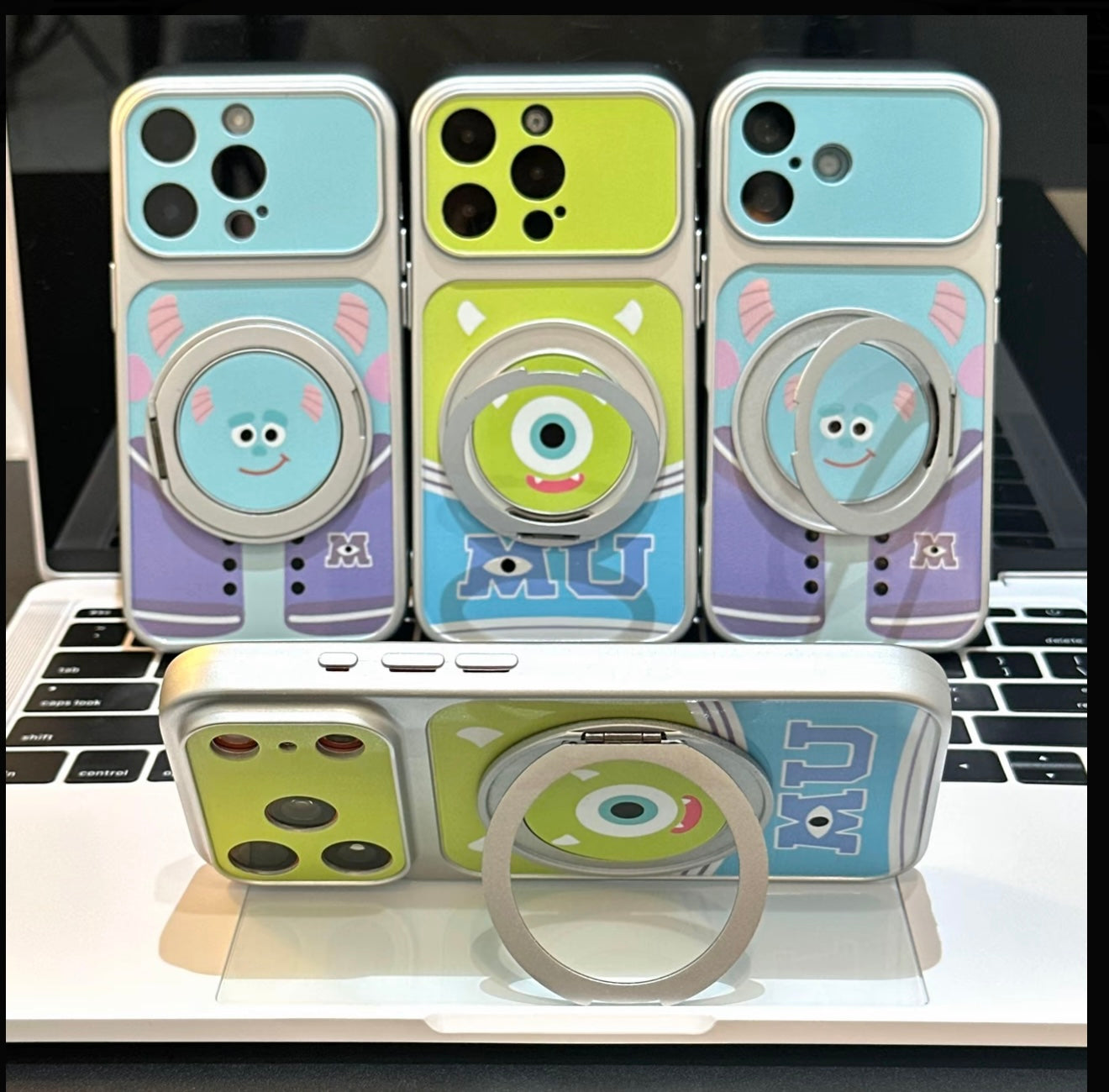 Cute Monster University Mike Wazowski Sulley Cartoon Phone Case, 360° Rotatable Magnetic Ring Kickstand Shockproof Protective Cover for iPhone Samsung Foldable Phones