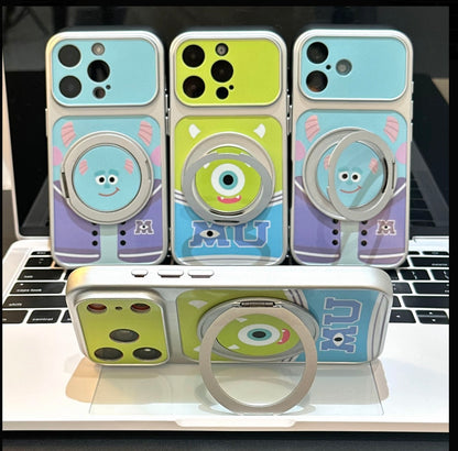 Cute Monster University Mike Wazowski Sulley Cartoon Phone Case, 360° Rotatable Magnetic Ring Kickstand Shockproof Protective Cover for iPhone Samsung Foldable Phones