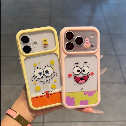 Adorable SpongeBob and Patrick Star printed phone case with unique split large camera window design, full edge anti-drop shockproof structure, glossy bright color frame, kawaii cartoon aesthetic, compatible with  iPhone
