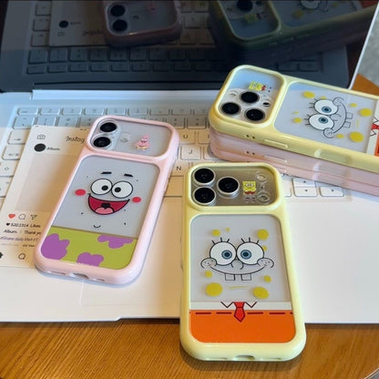 Adorable SpongeBob and Patrick Star printed phone case with unique split large camera window design, full edge anti-drop shockproof structure, glossy bright color frame, kawaii cartoon aesthetic, compatible with  iPhone