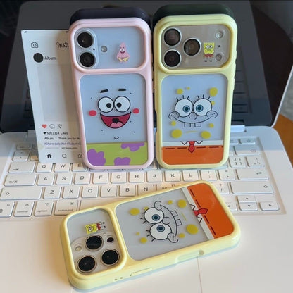 Adorable SpongeBob and Patrick Star printed phone case with unique split large camera window design, full edge anti-drop shockproof structure, glossy bright color frame, kawaii cartoon aesthetic, compatible with  iPhone