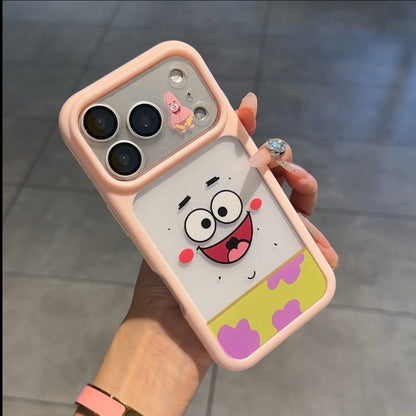 Adorable SpongeBob and Patrick Star printed phone case with unique split large camera window design, full edge anti-drop shockproof structure, glossy bright color frame, kawaii cartoon aesthetic, compatible with  iPhone