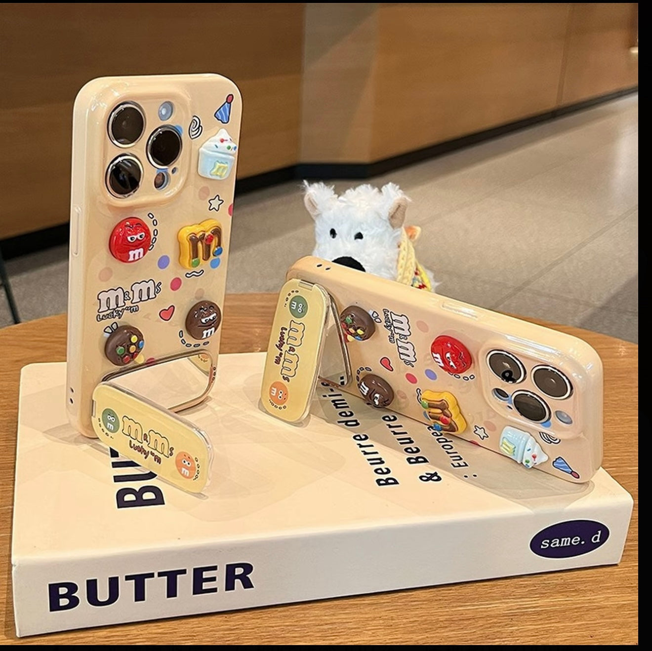 Cute 3D M&M Candy Bean Phone Case Built-in Foldable Makeup Mirror Stand Glossy Shockproof Phone Cover For iPhone