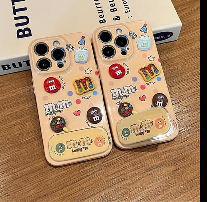 Cute 3D M&M Candy Bean Phone Case Built-in Foldable Makeup Mirror Stand Glossy Shockproof Phone Cover For iPhone