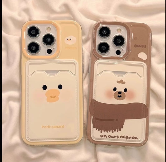 Kawaii Cute Duck & Bear Card Slot Phone Case Soft Glossy Wallet Design Shockproof Phone Cover For iPhone Series