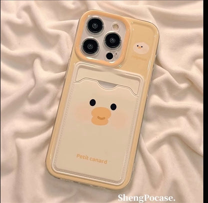 Kawaii Cute Duck & Bear Card Slot Phone Case Soft Glossy Wallet Design Shockproof Phone Cover For iPhone Series