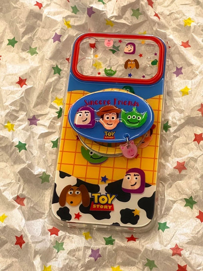 Kawaii  Toy Story Woody Alien Piggy Phone Case Detachable Charm Pendant Large Camera Window Transparent Soft Phone Cover For iPhone Series