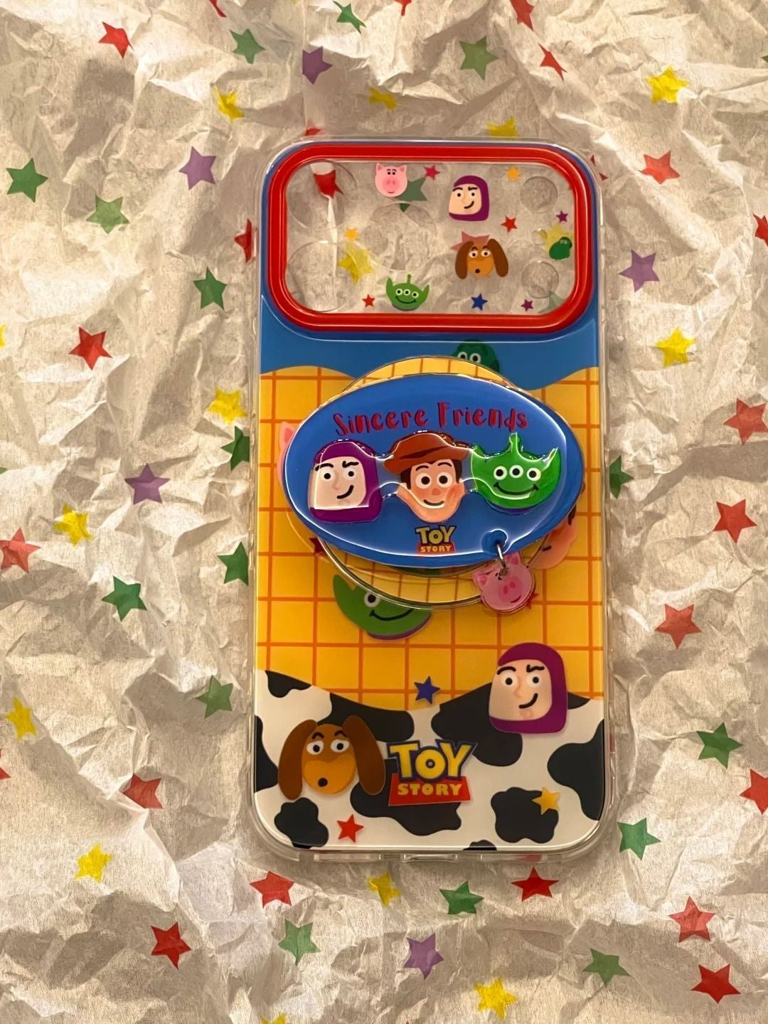 Kawaii  Toy Story Woody Alien Piggy Phone Case Detachable Charm Pendant Large Camera Window Transparent Soft Phone Cover For iPhone Series