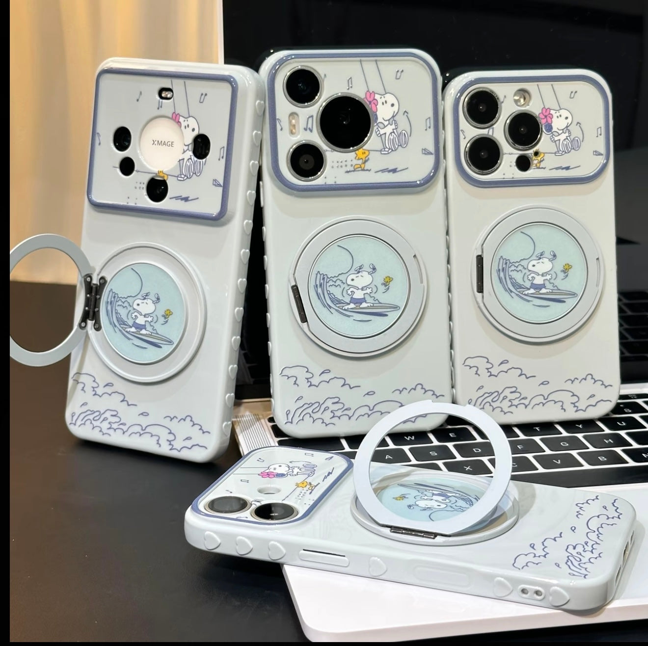 Kawaii Ocean Wave White Dog Cartoon Phone Case Rotatable Mirror Bracket Large Camera Frame Anti-drop Phone Case For All Smartphones
