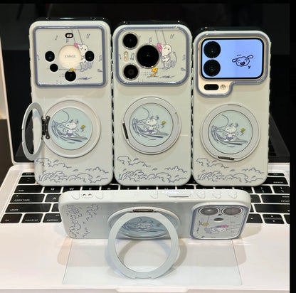 Kawaii Ocean Wave White Dog Cartoon Phone Case Rotatable Mirror Bracket Large Camera Frame Anti-drop Phone Case For All Smartphones