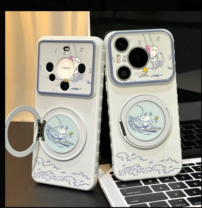 Kawaii Ocean Wave White Dog Cartoon Phone Case Rotatable Mirror Bracket Large Camera Frame Anti-drop Phone Case For All Smartphones
