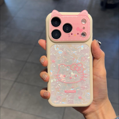 Cute 3D Cat Ear Kitty Phone Case Glitter Shell Pattern Lens Flip Protective Cover For iPhone 15 14 13 12 Pro Max Shockproof Soft Silicone Case