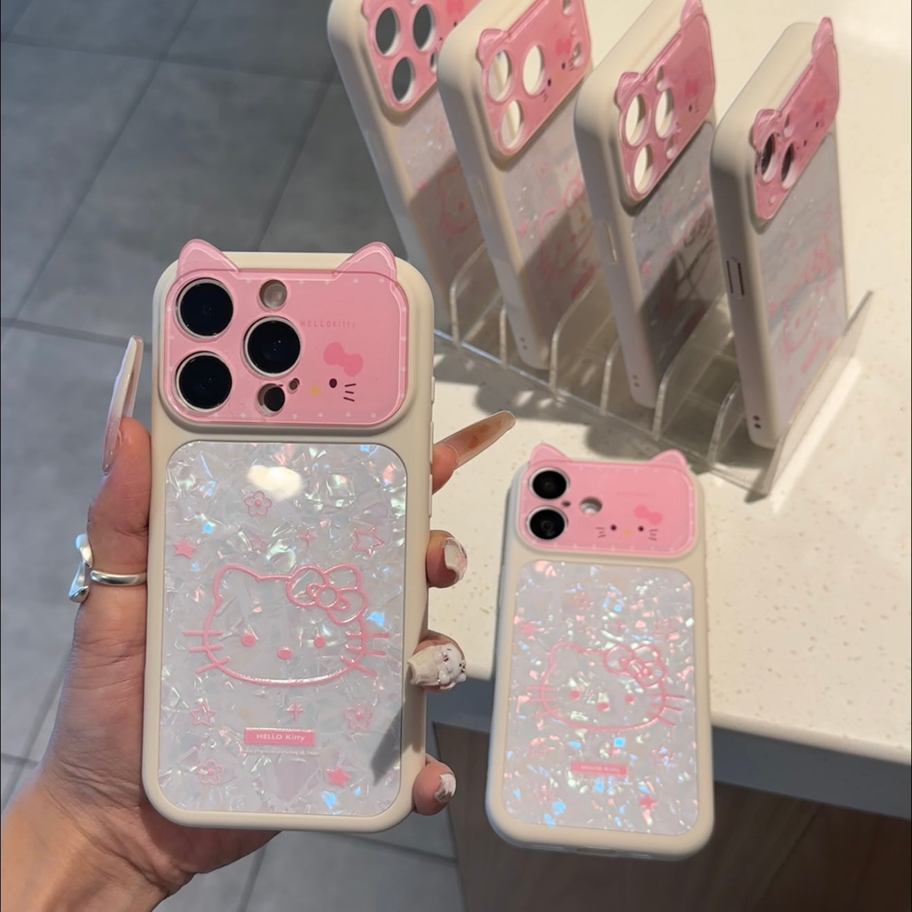 Cute 3D Cat Ear Kitty Phone Case Glitter Shell Pattern Lens Flip Protective Cover For iPhone 15 14 13 12 Pro Max Shockproof Soft Silicone Case