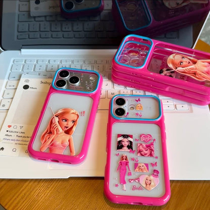 Cute Barbie Flip Lens Window Phone Case Kawaii Pink Frame Shockproof Soft Silicone Protective Cover For iPhone 16 15 14 13 12 Pro Max Girly Aesthetic Phone Shell