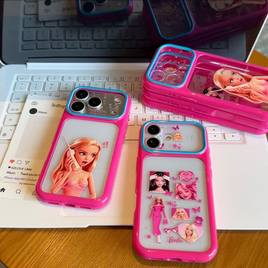 Bonita Funda de Teléfono con Ventana Abatible de Lente Barbie Kawaii Marco Rosa Antigolpes de Silicona Suave Cubierta Protectora Para iPhone 16 15 14 13 12 Pro Max Carcasa de Teléfono con Estética Femenina