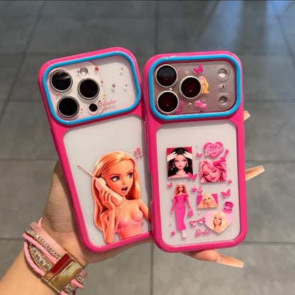Cute Barbie Flip Lens Window Phone Case Kawaii Pink Frame Shockproof Soft Silicone Protective Cover For iPhone 16 15 14 13 12 Pro Max Girly Aesthetic Phone Shell