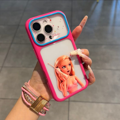 Cute Barbie Flip Lens Window Phone Case Kawaii Pink Frame Shockproof Soft Silicone Protective Cover For iPhone 16 15 14 13 12 Pro Max Girly Aesthetic Phone Shell
