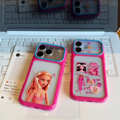 Cute Barbie Flip Lens Window Phone Case Kawaii Pink Frame Shockproof Soft Silicone Protective Cover For iPhone 16 15 14 13 12 Pro Max Girly Aesthetic Phone Shell
