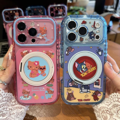 Kawaii Cartoon Kitty Tom and Jerry Magnetic Ring Holder Phone Case Shockproof Clear Protective Case For iPhone 15 14 13 12 11 Pro Max