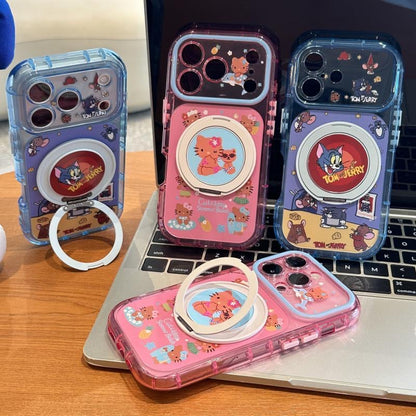 Kawaii Cartoon Kitty Tom and Jerry Magnetic Ring Holder Phone Case Shockproof Clear Protective Case For iPhone 15 14 13 12 11 Pro Max