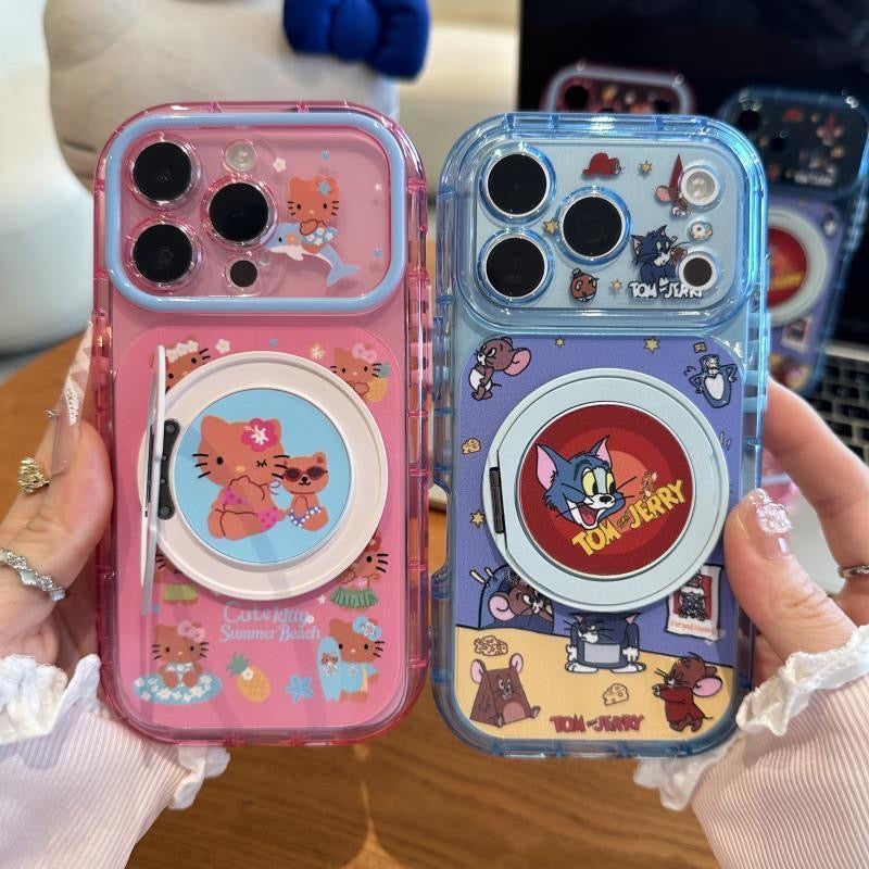 Kawaii Cartoon Kitty Tom and Jerry Magnetic Ring Holder Phone Case Shockproof Clear Protective Case For iPhone 15 14 13 12 11 Pro Max