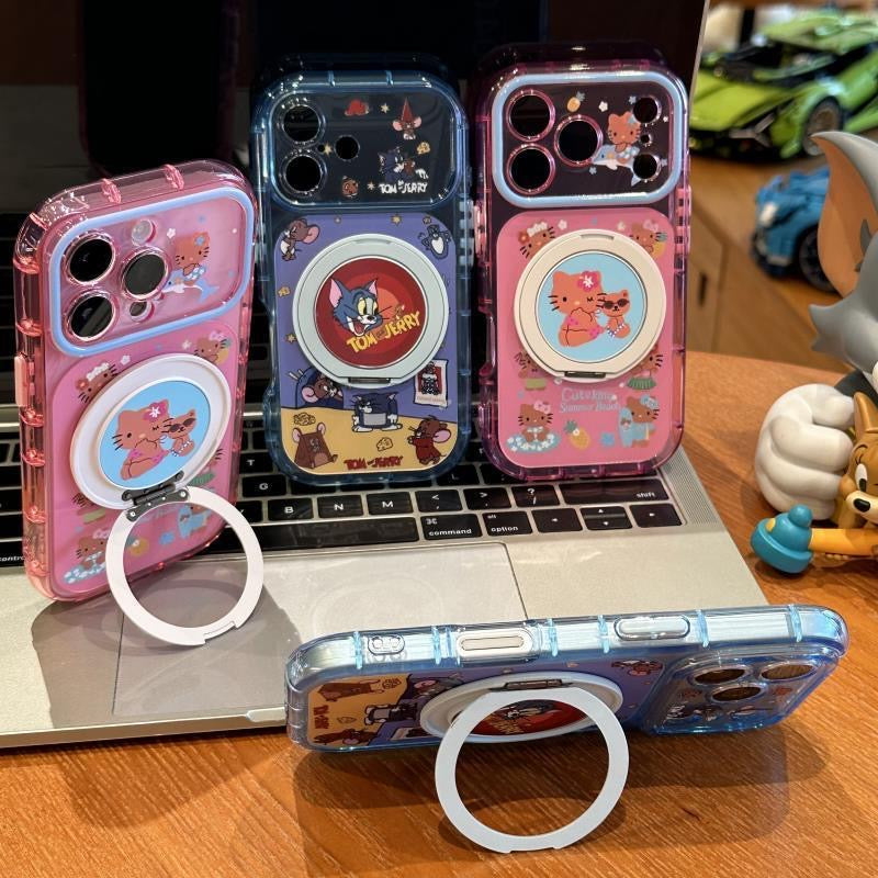 Kawaii Cartoon Kitty Tom and Jerry Magnetic Ring Holder Phone Case Shockproof Clear Protective Case For iPhone 15 14 13 12 11 Pro Max