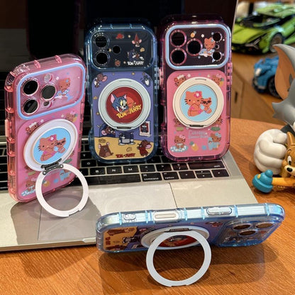 Kawaii Cartoon Kitty Tom and Jerry Magnetic Ring Holder Phone Case Shockproof Clear Protective Case For iPhone 15 14 13 12 11 Pro Max