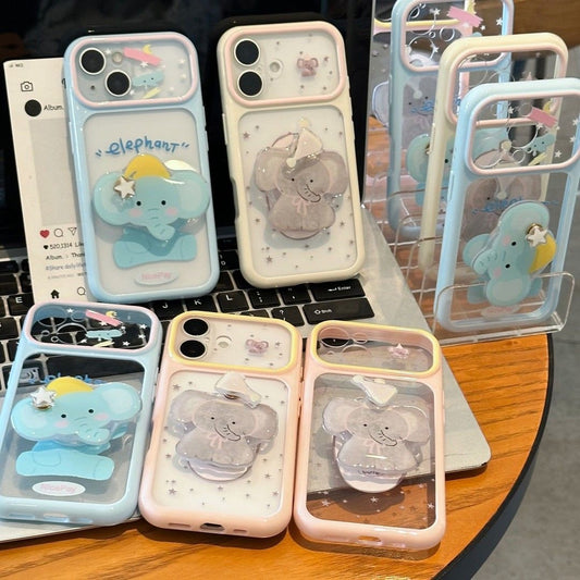 Funda de teléfono coreana estilo INS con lindo elefante giratorio, marco de color, estrella transparente, anticaída para todos los modelos de iPhone