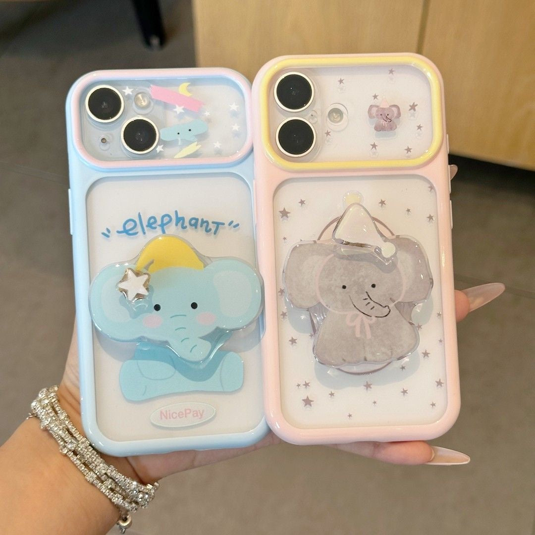 Korean Ins Style Cute Baby Elephant Rotating Holder Phone Case, Color Frame Star Clear Anti-drop Case For All iPhone Models