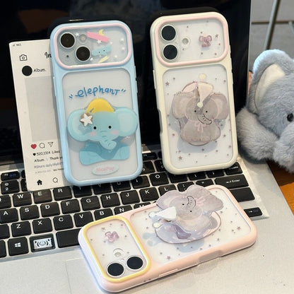 Korean Ins Style Cute Baby Elephant Rotating Holder Phone Case, Color Frame Star Clear Anti-drop Case For All iPhone Models