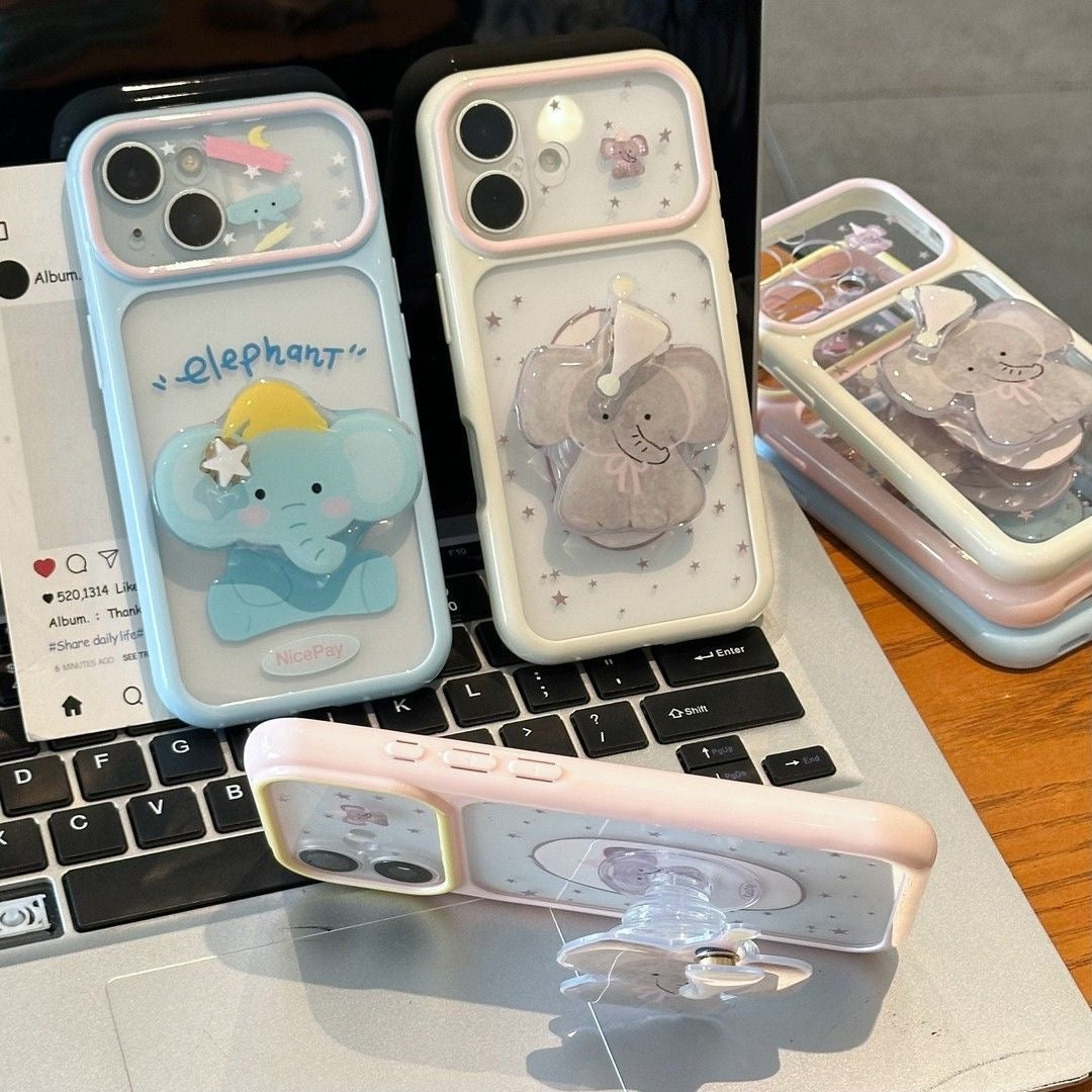 Korean Ins Style Cute Baby Elephant Rotating Holder Phone Case, Color Frame Star Clear Anti-drop Case For All iPhone Models