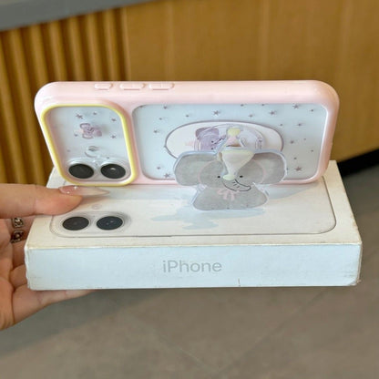Korean Ins Style Cute Baby Elephant Rotating Holder Phone Case, Color Frame Star Clear Anti-drop Case For All iPhone Models