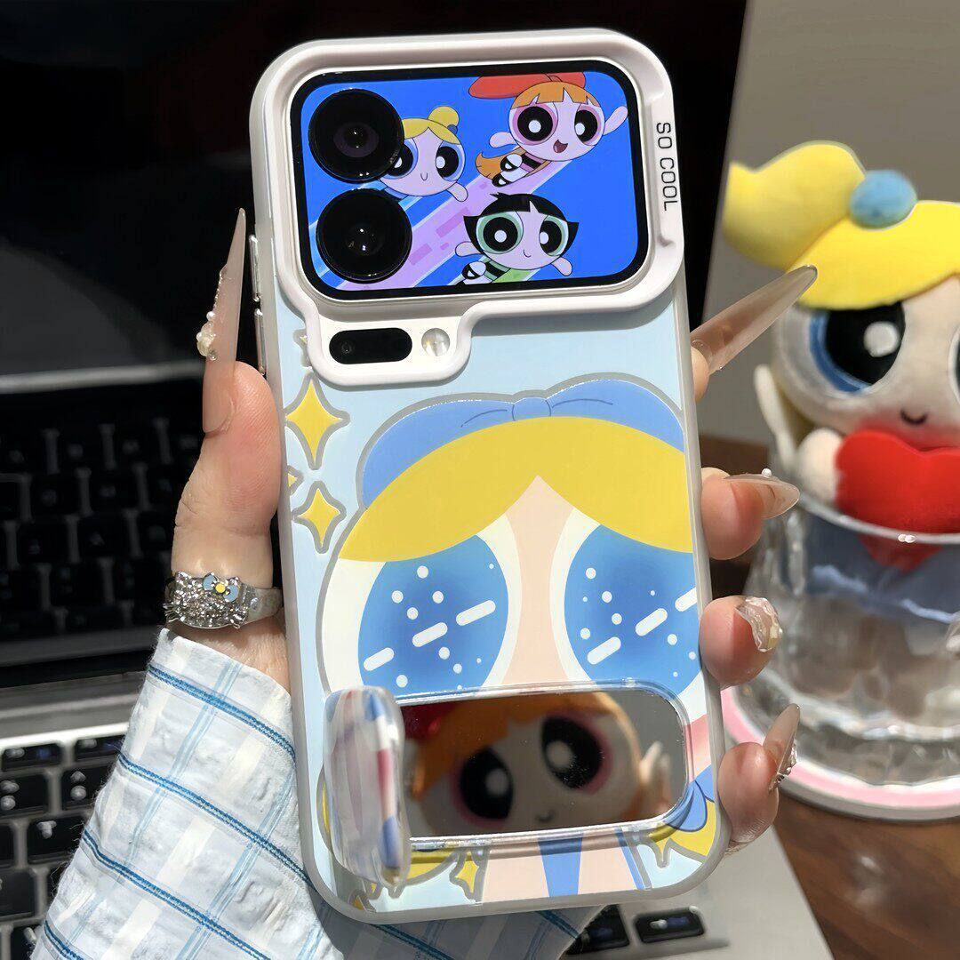 Cute Powerpuff Girls Mirror Kickstand Phone Case, Cartoon Clear Shockproof Protective Cover For iPhone Huawei Xiaomi