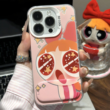 Cute Powerpuff Girls Mirror Kickstand Phone Case, Cartoon Clear Shockproof Protective Cover For iPhone Huawei Xiaomi