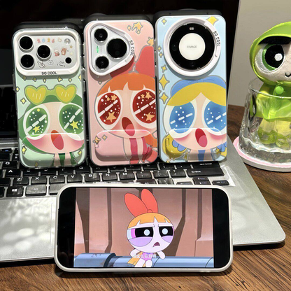 Cute Powerpuff Girls Mirror Kickstand Phone Case, Cartoon Clear Shockproof Protective Cover For iPhone Huawei Xiaomi