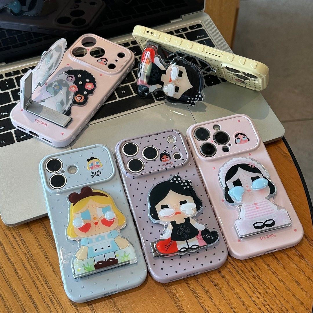 Cute 3D Cartoon Doll Crying Baby Phone Case With Foldable Mirror Stand, Shockproof Soft Protective Cover For iPhone Series