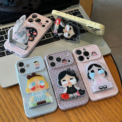 Cute 3D Cartoon Doll Crying Baby Phone Case With Foldable Mirror Stand, Shockproof Soft Protective Cover For iPhone Series