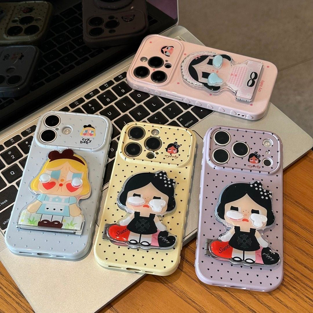 Cute 3D Cartoon Doll Crying Baby Phone Case With Foldable Mirror Stand, Shockproof Soft Protective Cover For iPhone Series