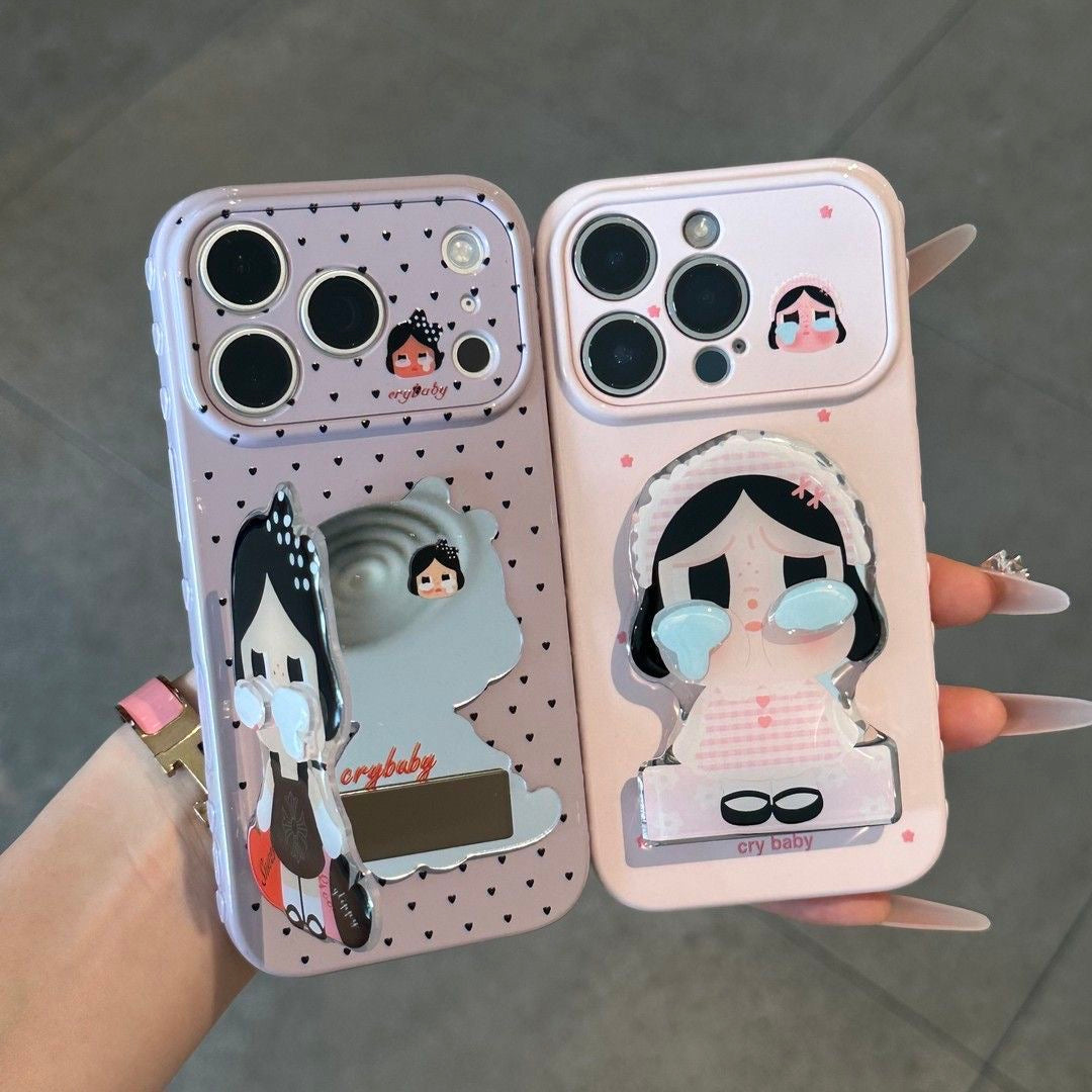 Cute 3D Cartoon Doll Crying Baby Phone Case With Foldable Mirror Stand, Shockproof Soft Protective Cover For iPhone Series