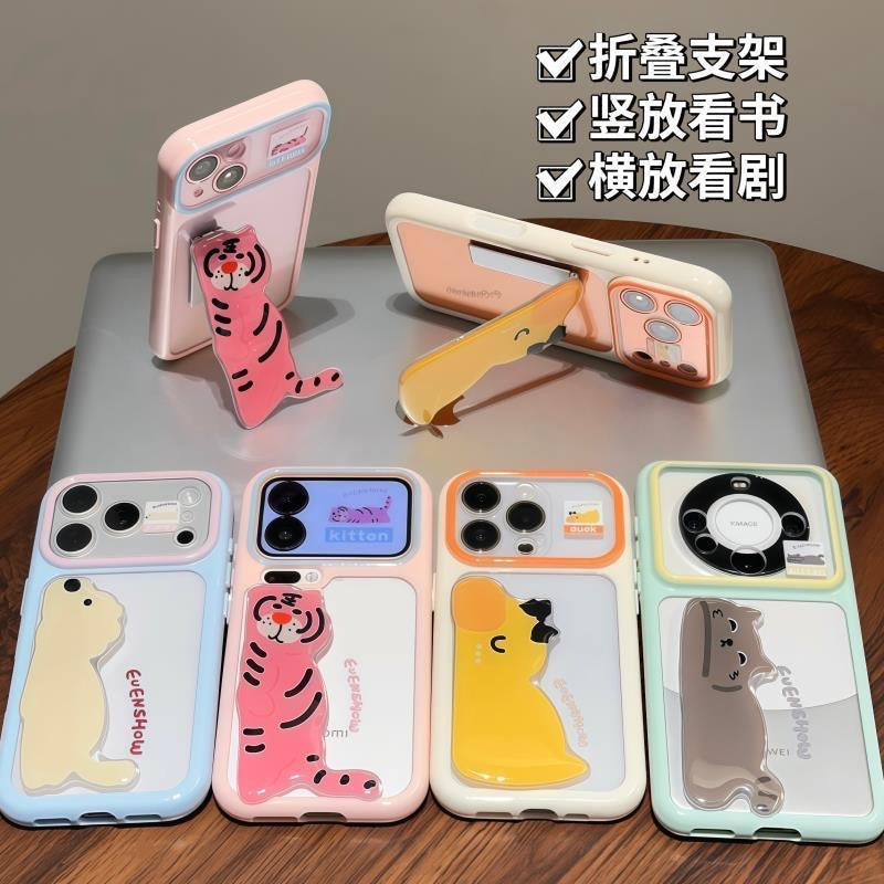 Multicolor 3D Animal Decor Phone Case With Adjustable Foldable Stand, Transparent Shockproof Phone Cover For All Smartphone Models