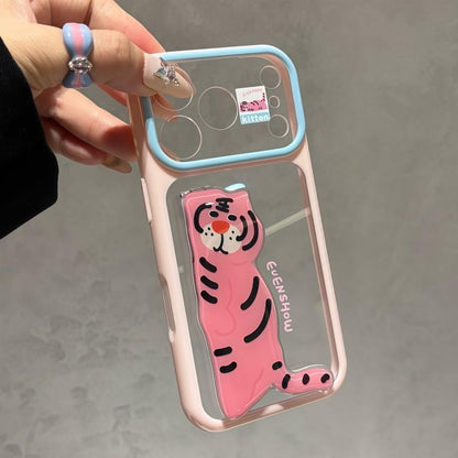 Multicolor 3D Animal Decor Phone Case With Adjustable Foldable Stand, Transparent Shockproof Phone Cover For All Smartphone Models