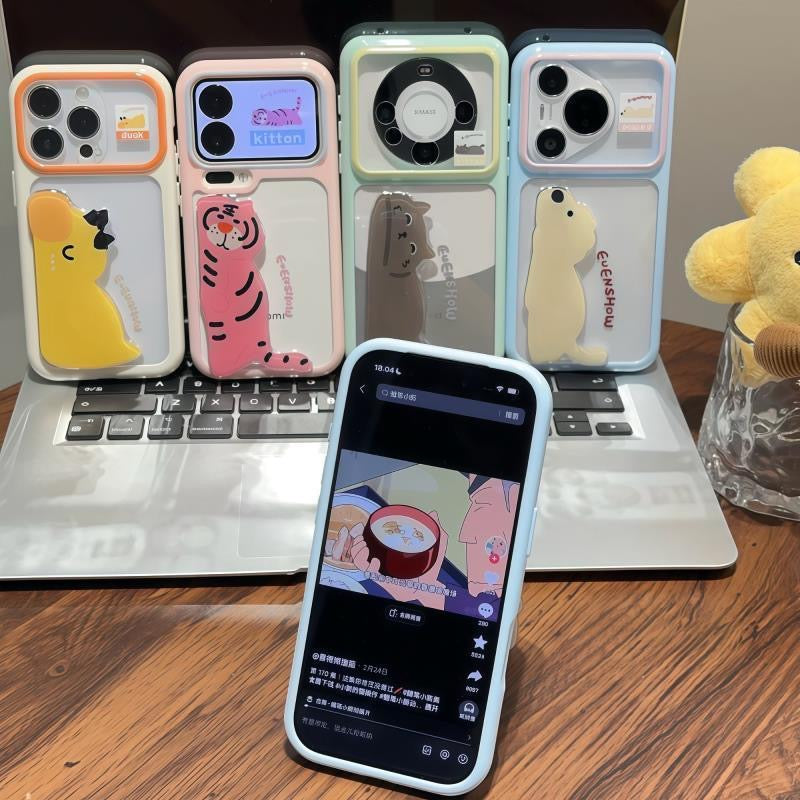 Multicolor 3D Animal Decor Phone Case With Adjustable Foldable Stand, Transparent Shockproof Phone Cover For All Smartphone Models