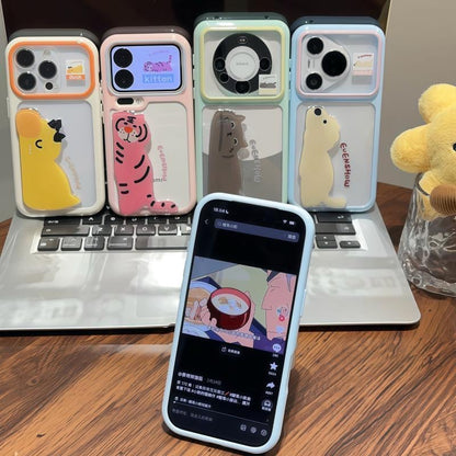 Multicolor 3D Animal Decor Phone Case With Adjustable Foldable Stand, Transparent Shockproof Phone Cover For All Smartphone Models