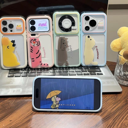 Multicolor 3D Animal Decor Phone Case With Adjustable Foldable Stand, Transparent Shockproof Phone Cover For All Smartphone Models